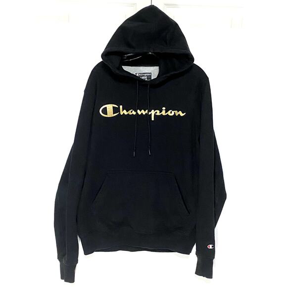Champion Reverse Weave Gold Logo Hoodie Sweatshirt Men L Athleisure Comfort Cozy - Picture 1 of 8